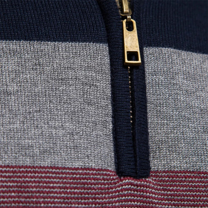 Classic striped men's quarter-zip sweater, great for effortless layering and style.