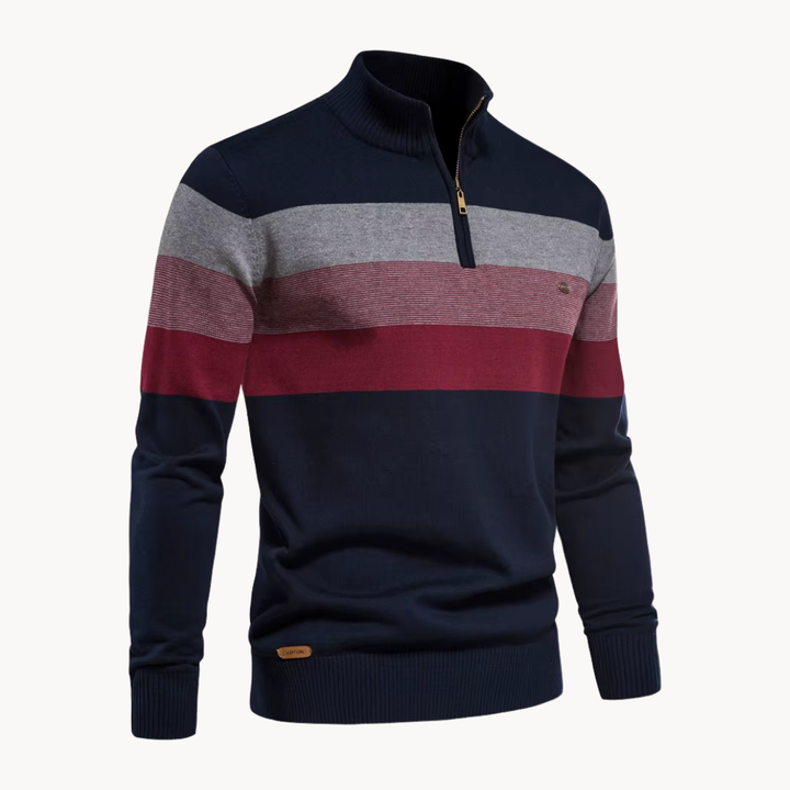 Men's long-sleeve quarter-zip sweater, featuring a stylish striped design and comfort.