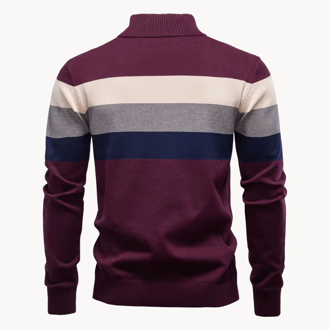 Comfortable men's striped quarter-zip sweater for relaxed mens fashion and everyday wear.