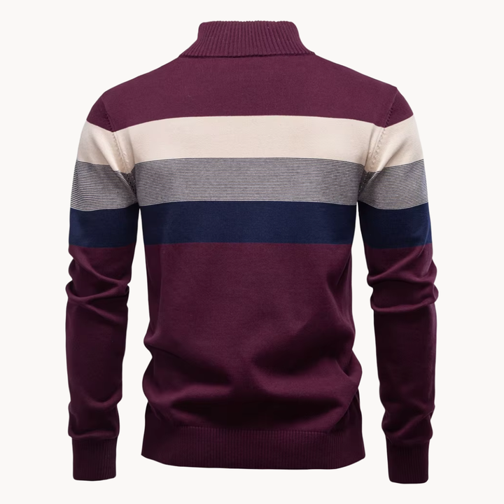 Comfortable men's striped quarter-zip sweater for relaxed mens fashion and everyday wear.