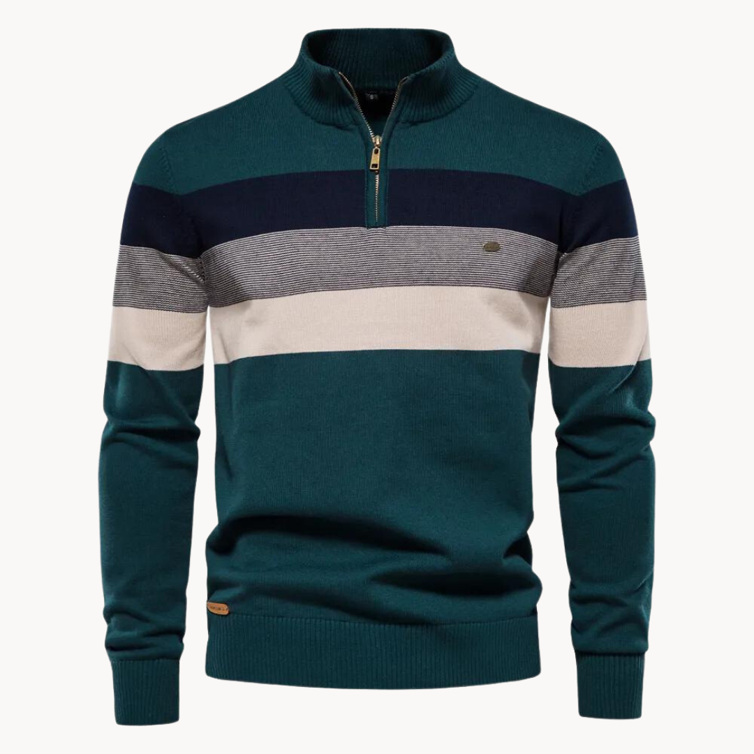 Stylish men's striped quarter-zip sweater, ideal for casual and smart casual looks.