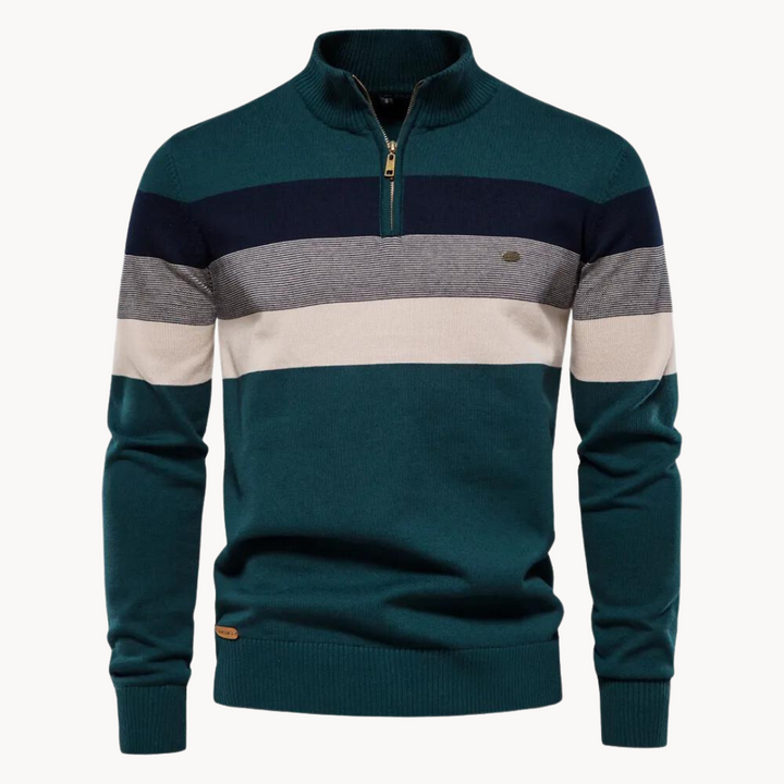 Stylish men's striped quarter-zip sweater, ideal for casual and smart casual looks.