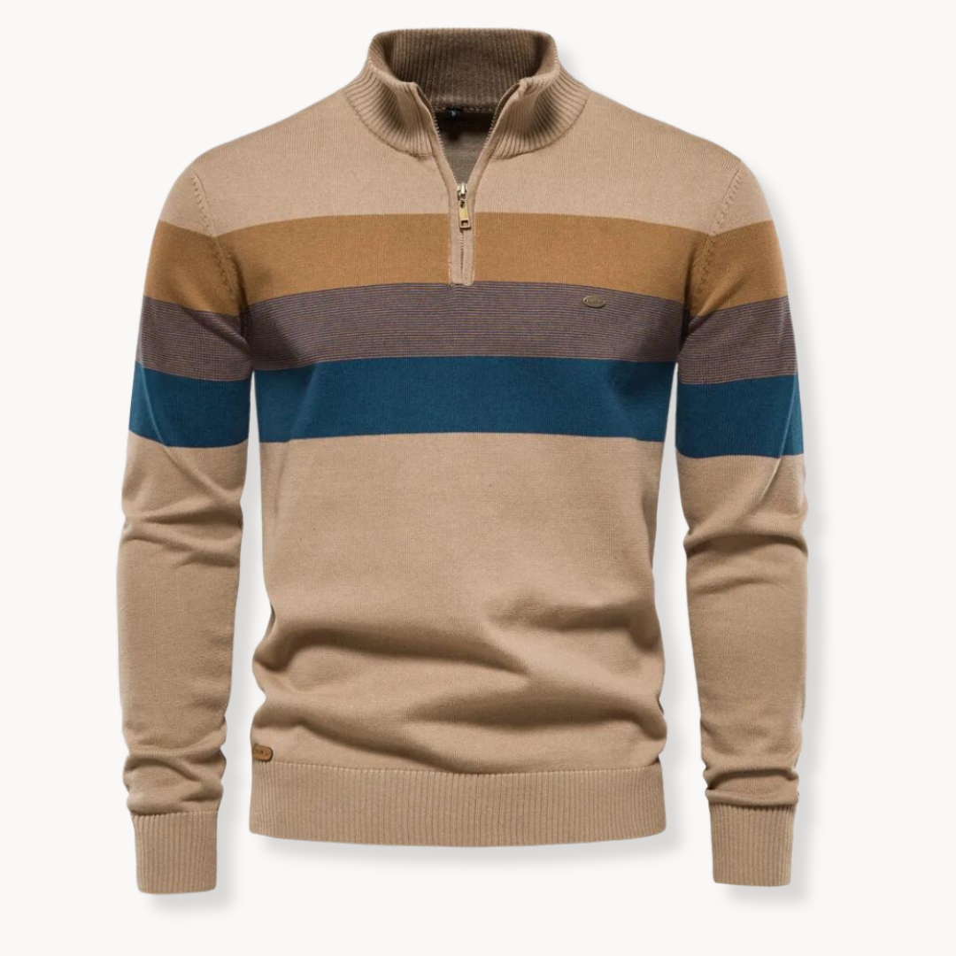 Layering essential: Men's classic striped quarter-zip sweater, comfortable and chic.