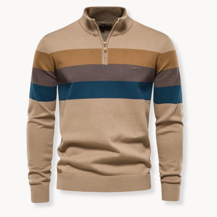 Layering essential: Men's classic striped quarter-zip sweater, comfortable and chic.