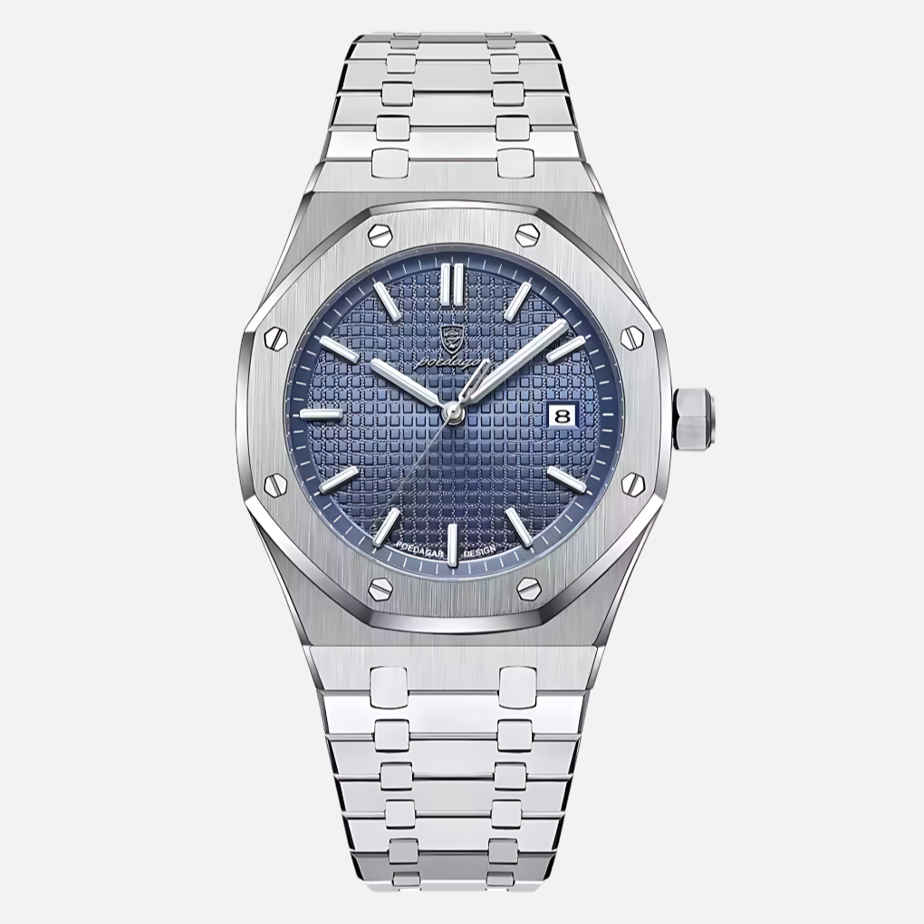 Men's classic quartz watch with elegant Roman numeral dial and black leather strap, a timeless dress accessory.