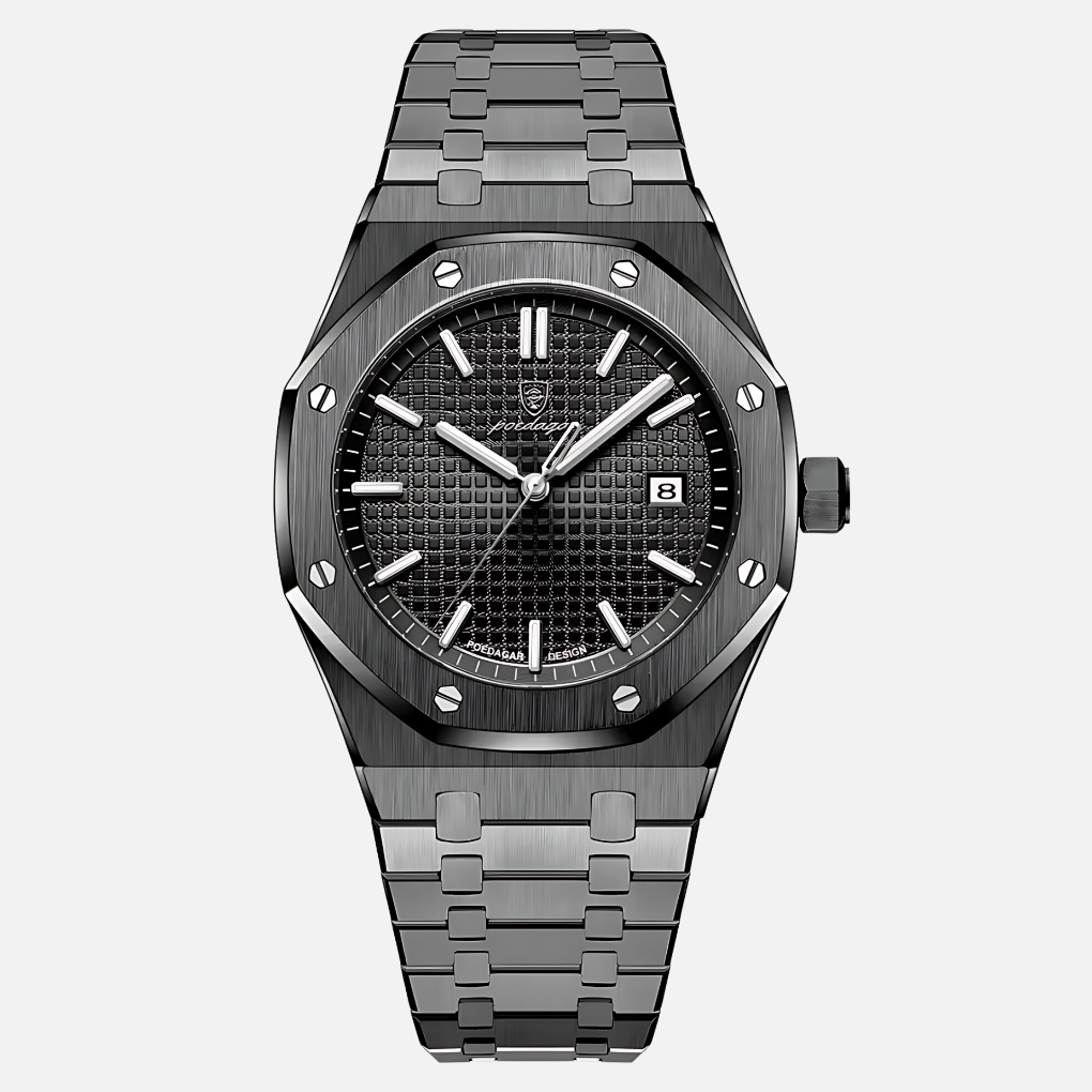 Elegant men's classic dress watch featuring a precise quartz movement, Roman numerals, and splash resistance.