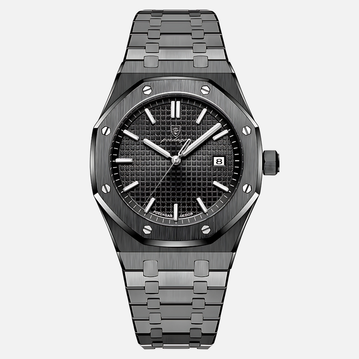 Elegant men's classic dress watch featuring a precise quartz movement, Roman numerals, and splash resistance.