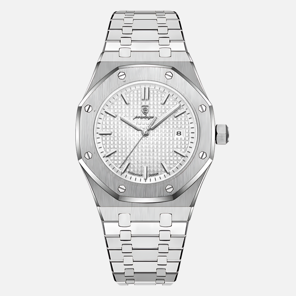 Close-up of a sophisticated men's quartz timepiece, highlighting its classic Roman numeral dial and refined design.