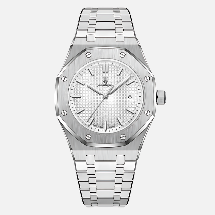 Close-up of a sophisticated men's quartz timepiece, highlighting its classic Roman numeral dial and refined design.