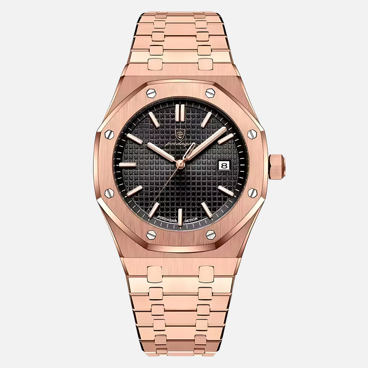 Modern classic men's quartz watch, splash-resistant with an easy-to-read Roman numeral face, a refined timepiece.