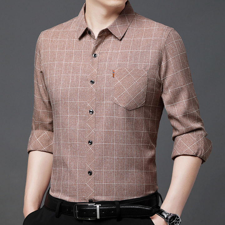 Classic blue and white checked men's long-sleeve button-up shirt. Versatile for office, casual, or outdoor looks.