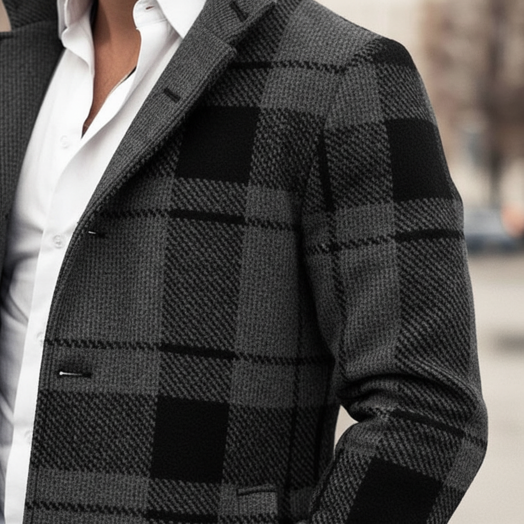 Warm men's wool blend coat with a timeless black and white check pattern