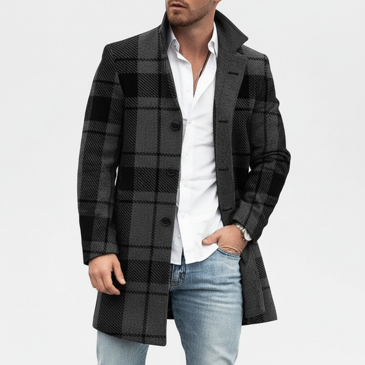 Close-up of a men's classic checked wool blend coat with prominent lapels