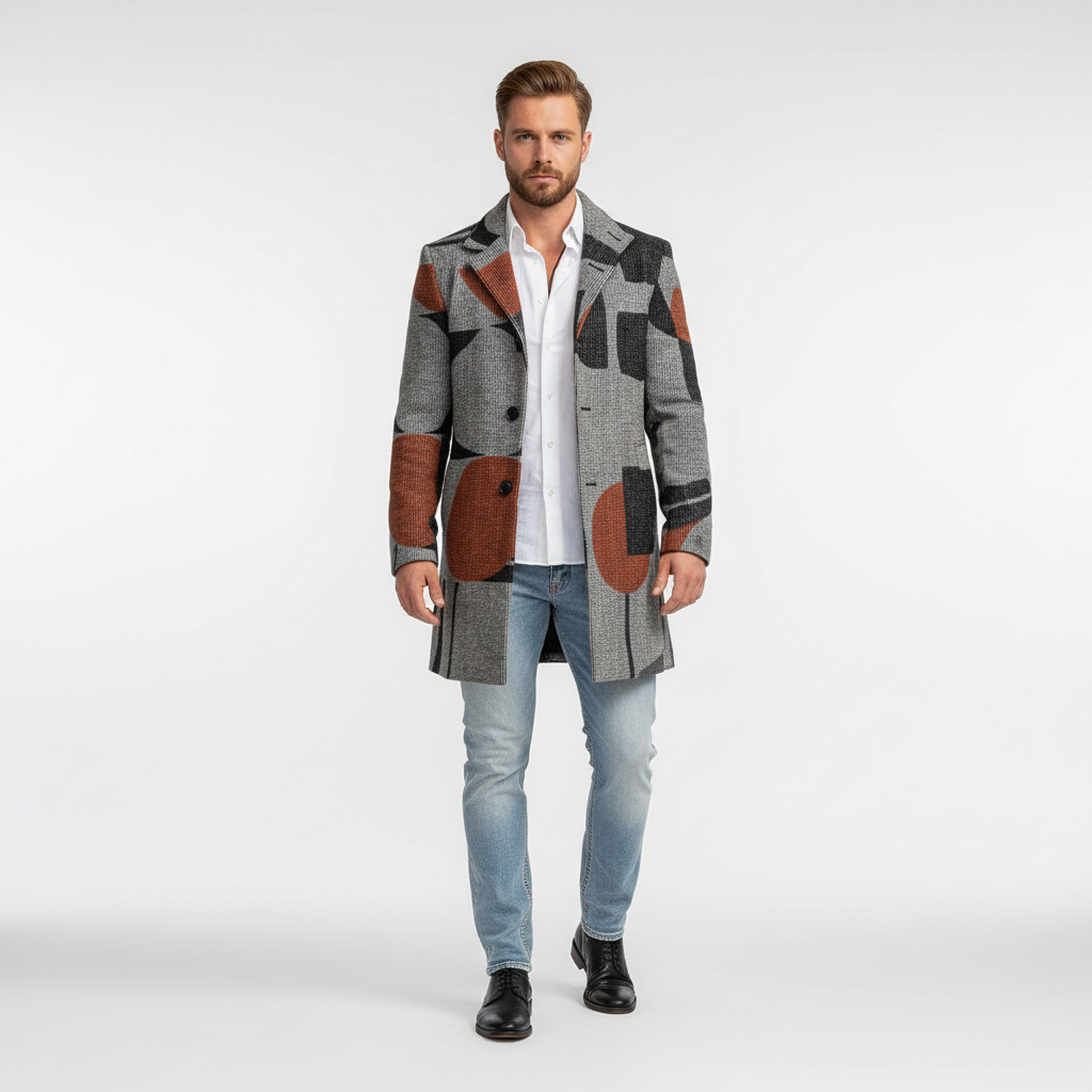 Full shot of a men's checked wool blend elegant winter coat, perfect for cold weather