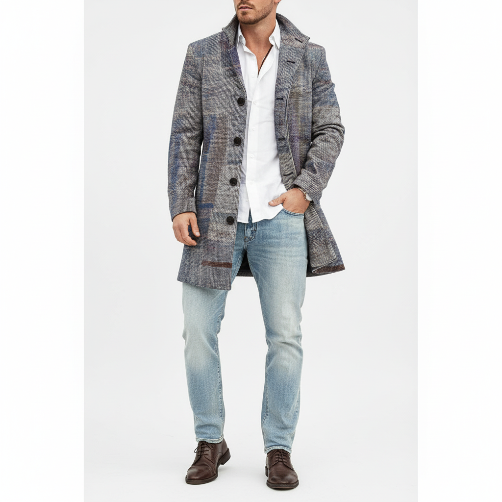 Stylish men's warm wool blend coat with a distinct checkered design, front view