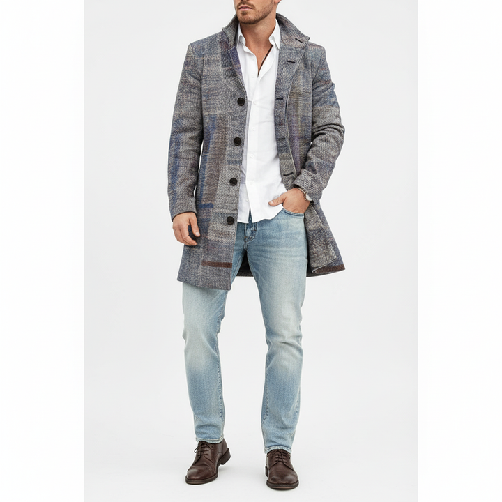 Stylish men's warm wool blend coat with a distinct checkered design, front view