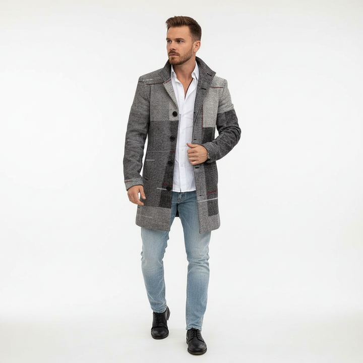 Side profile of a sophisticated men's checked wool blend coat, classic style