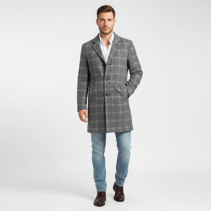 Detail of the fabric and check pattern on a men's classic wool blend winter coat