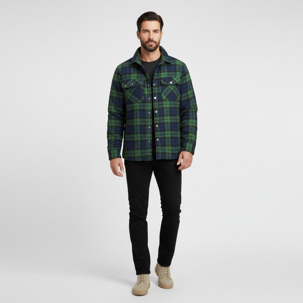 Warm men's checked flannel jacket, Karl, in blue and green plaid, ideal casual outerwear for rugged wear