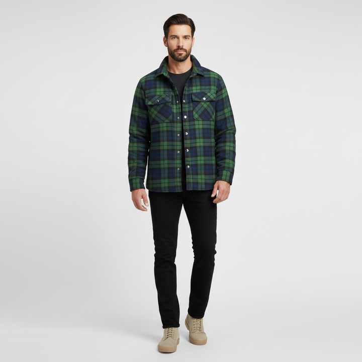 Warm men's checked flannel jacket, Karl, in blue and green plaid, ideal casual outerwear for rugged wear