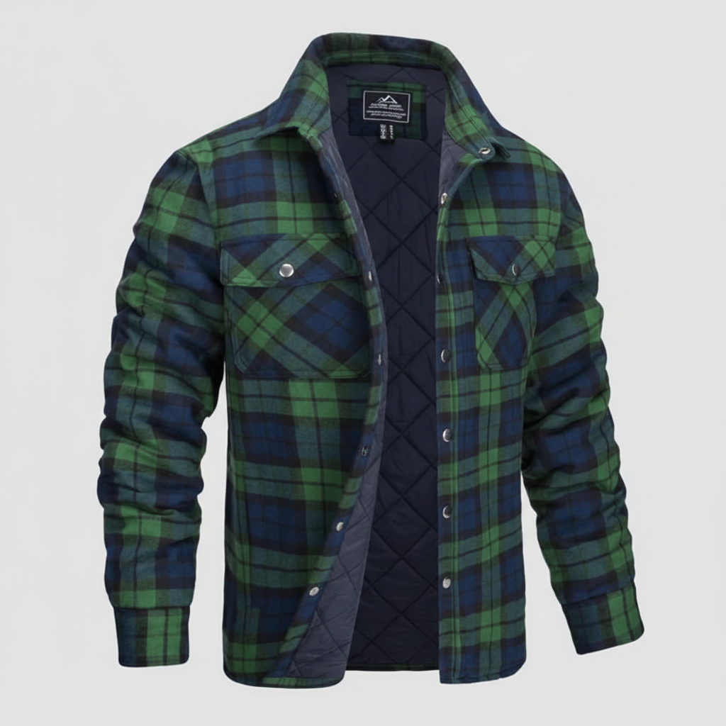 Stylish men's flannel jacket, Karl, featuring a brown and cream checked pattern and cozy quilted interior