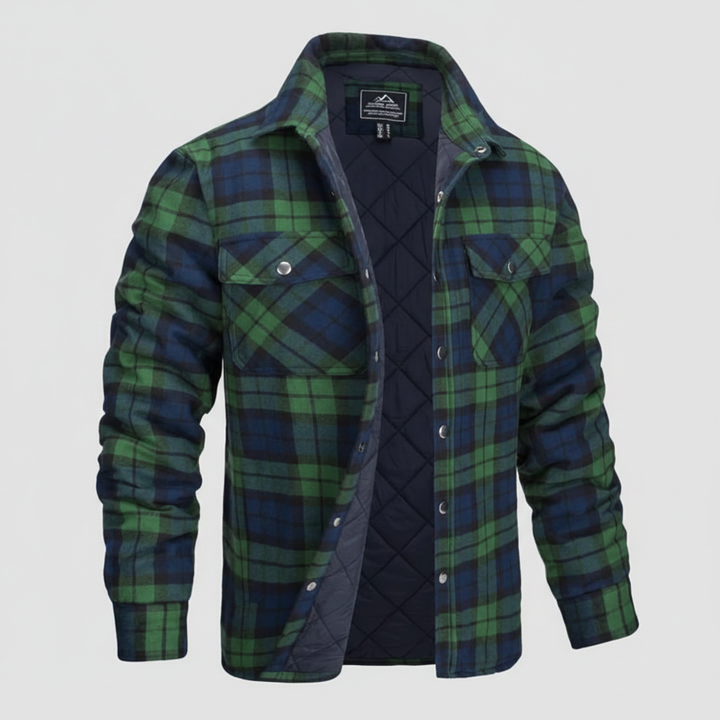Stylish men's flannel jacket, Karl, featuring a brown and cream checked pattern and cozy quilted interior