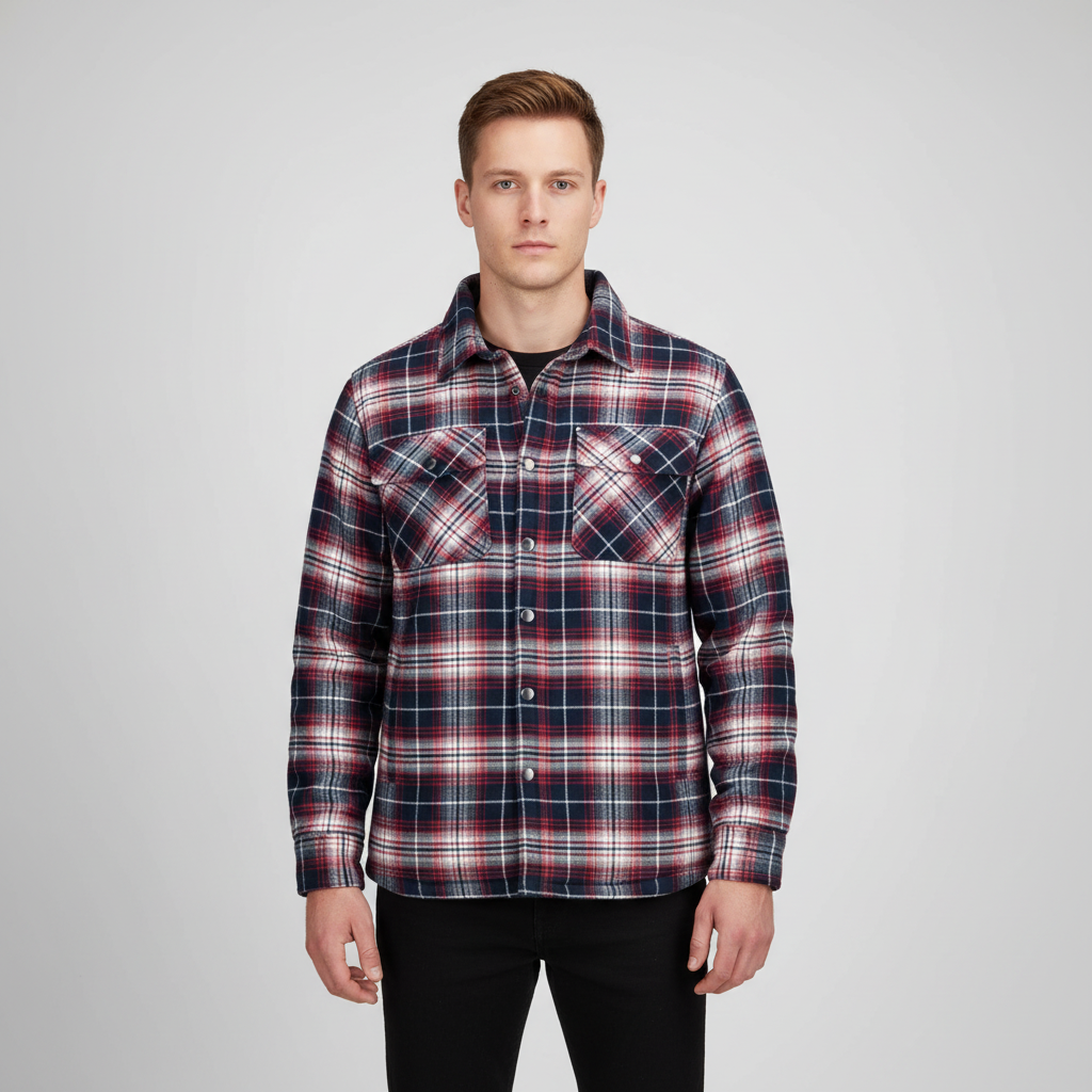 Red-black plaid men's warm flannel jacket, Karl, with button-front closure, suitable for cold weather