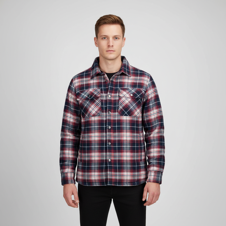 Red-black plaid men's warm flannel jacket, Karl, with button-front closure, suitable for cold weather