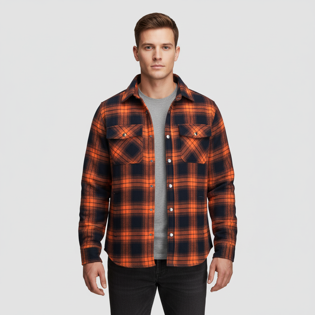 Durable men's outerwear, Karl, a green-blue checked flannel jacket with a soft quilted lining for warmth