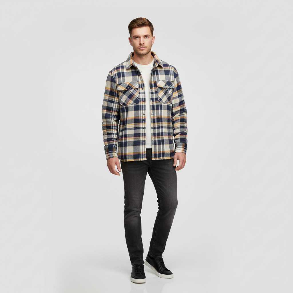 Rugged men's warm jacket, Karl, featuring a classic black and white buffalo plaid flannel design