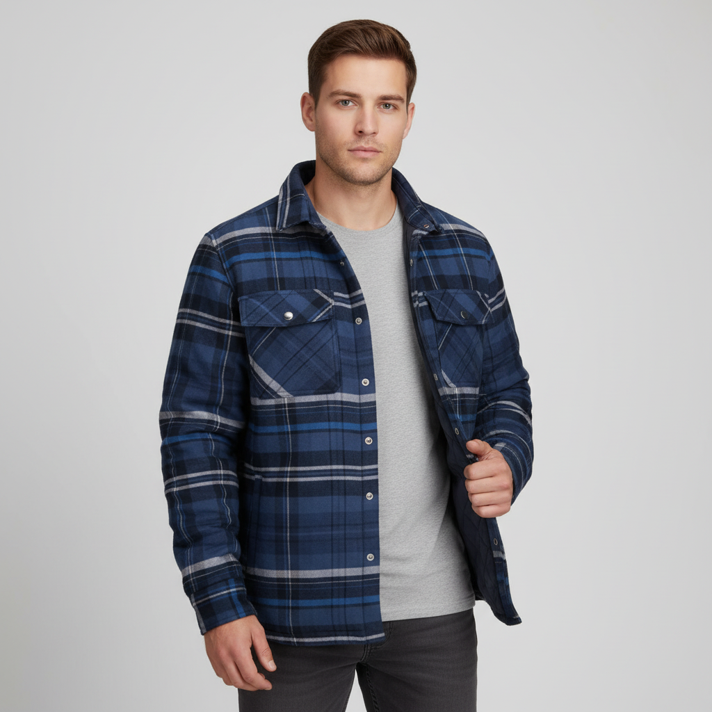 Men's soft flannel jacket, Karl, with a red & black checked pattern & quilted lining, great for outdoors