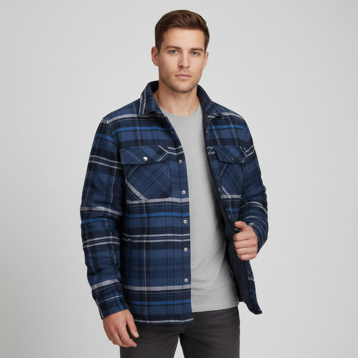 Men's soft flannel jacket, Karl, with a red & black checked pattern & quilted lining, great for outdoors