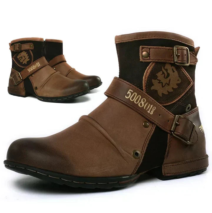 Close-up of men's elegant buckle boots, showcasing classic retro style and quality craftsmanship. Luxury men's footwear.