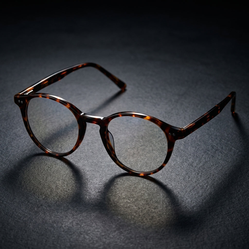 Men's classic round blue light blocking glasses. Stylish acetate frames for digital comfort & eye strain relief.