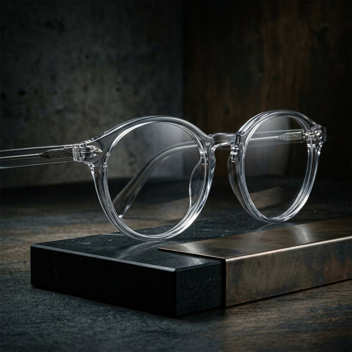 Modern men's round anti-strain blue light glasses. Acetate eyewear for digital screen comfort & eye protection.