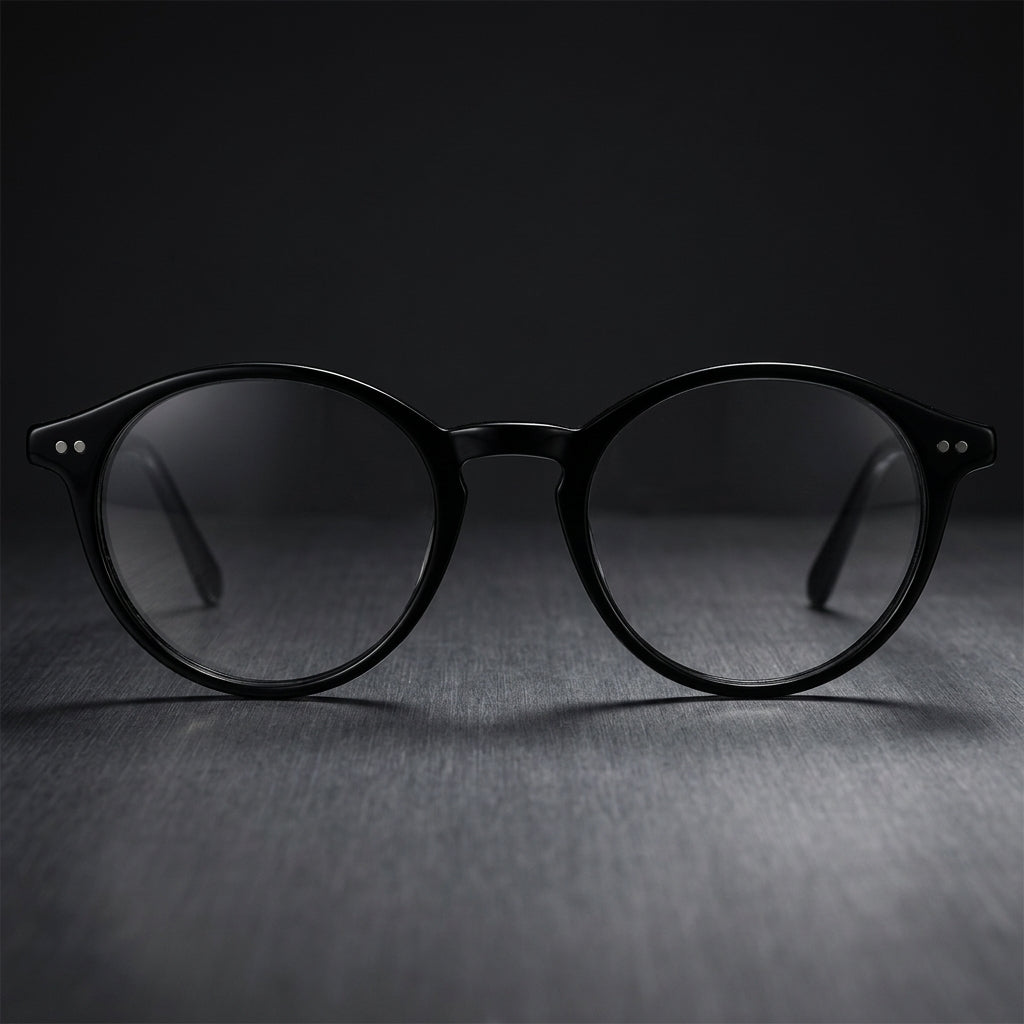 Classic men's round acetate blue light glasses, offering digital comfort & modern style for daily wear.