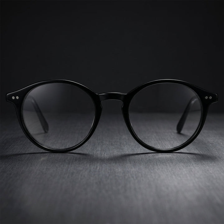 Classic men's round acetate blue light glasses, offering digital comfort & modern style for daily wear.