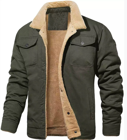 Practical men's shearling collar jacket. Warm button-up winter outerwear combining classic style & cold weather function.