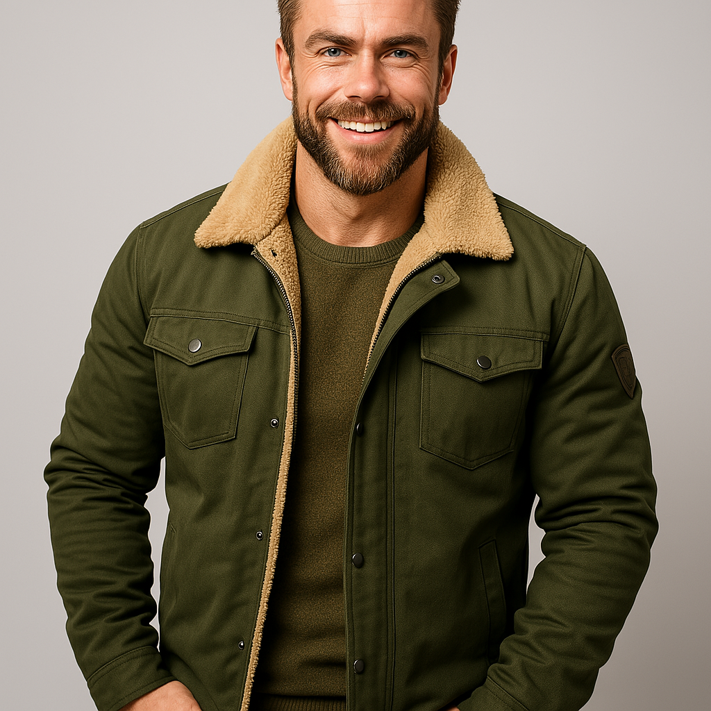 Stylish men's winter jacket with shearling collar. Perfect casual outerwear for cold weather & layering.