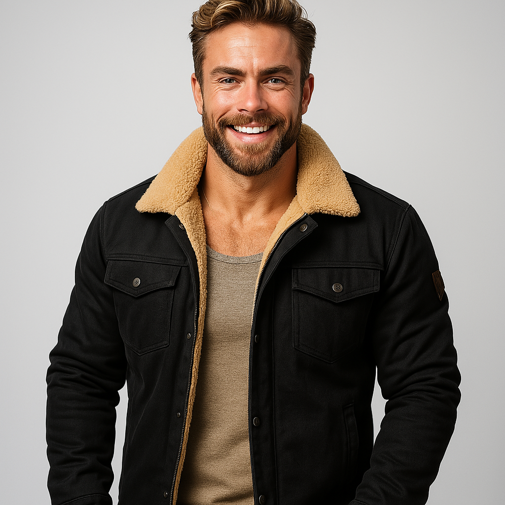 Warm men's shearling collar jacket, ideal for winter. Classic button-up outerwear for cold weather fashion.