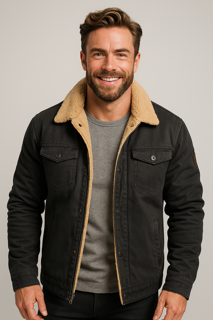 Men's durable winter jacket with plush shearling collar. Essential classic outerwear for cold weather layering.