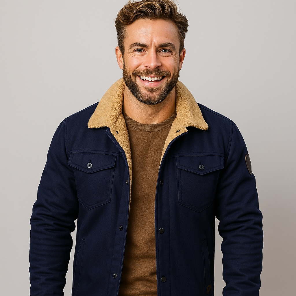 Fashionable men's shearling collar winter jacket. Warm, classic button-front outerwear for cold weather style.