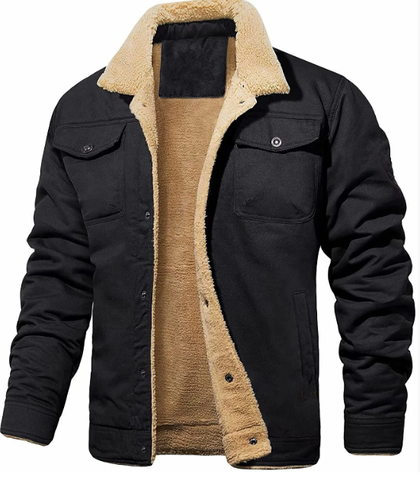 Comfortable men's shearling collar winter jacket. Warm button-up outerwear offering protection from cold weather.
