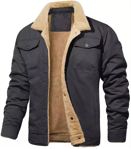 Men's warm winter jacket with a luxurious shearling collar. Classic buttoned outerwear for cold weather fashion.