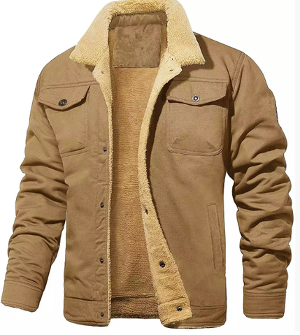Timeless men's shearling collar winter jacket. Warm, classic button-front outerwear for enduring cold weather style.