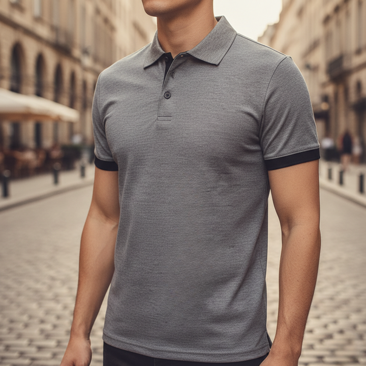 Front view of a men's classic short sleeve polo shirt, ideal for everyday comfort & casual style.