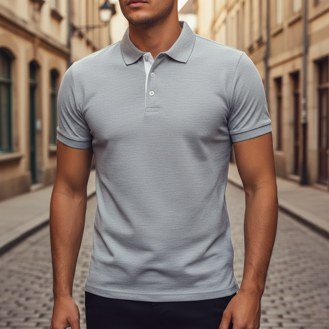 Close-up of a men's polo shirt fabric & button placket, highlighting classic comfort & quality.