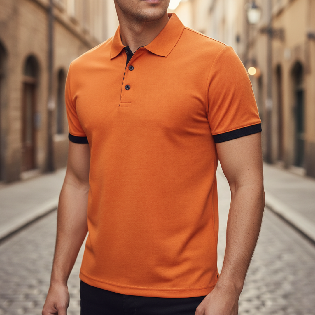 Back view of a men's versatile short sleeve polo, comfortable for everyday wear & casual outings.