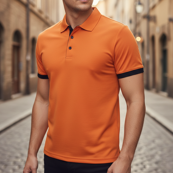 Back view of a men's versatile short sleeve polo, comfortable for everyday wear & casual outings.