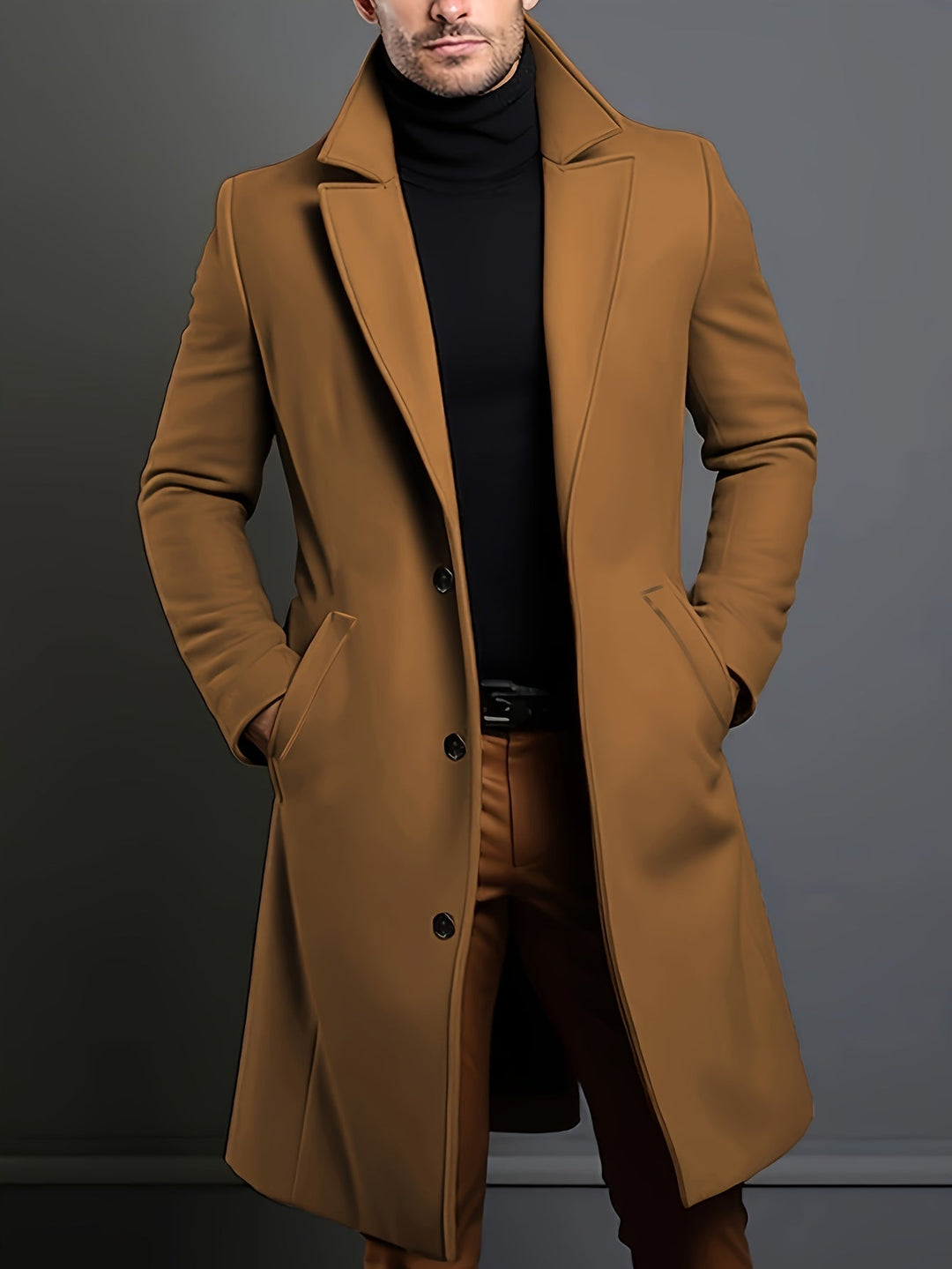 Men's classic single-breasted lapel overcoat, regular fit, ideal for fall & winter menswear.
